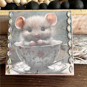 Hand crafted Mouse in Teacup Decorative wooden trinket box